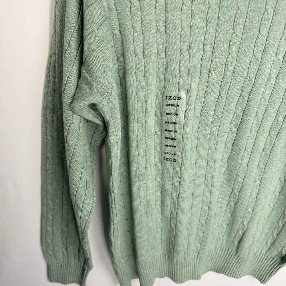 New Izod Sage Green Cable Knit Minimalistic Cotton Soft Crew Neck Sweater Medium